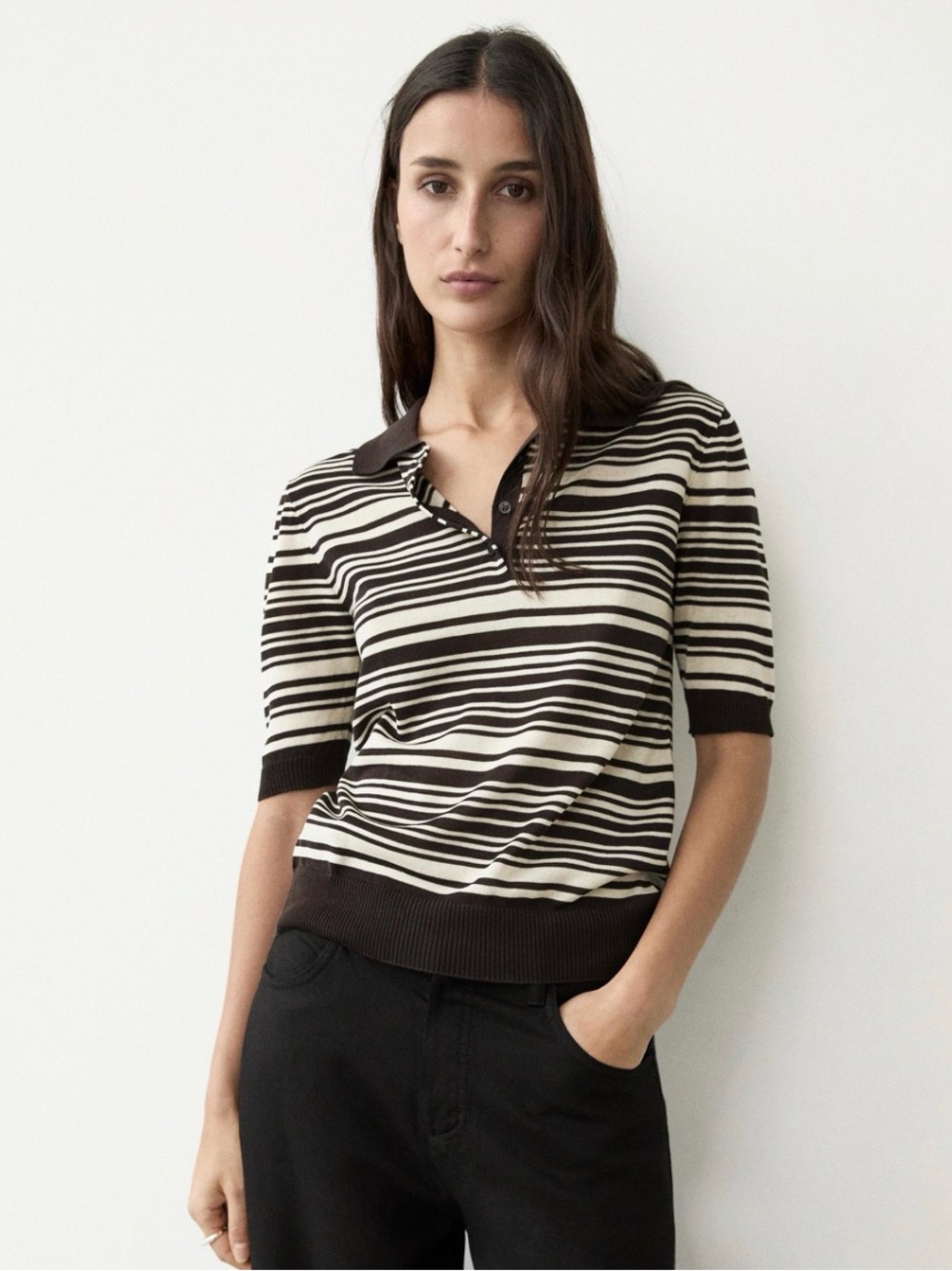 NWOT Massimo Dutti Brown and Cream Striped Polo Knit